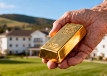 Main d'or tenant une barre d'or pour la retraite.