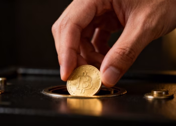 Mains plaçant une pièce d'or dans un coffre-fort.