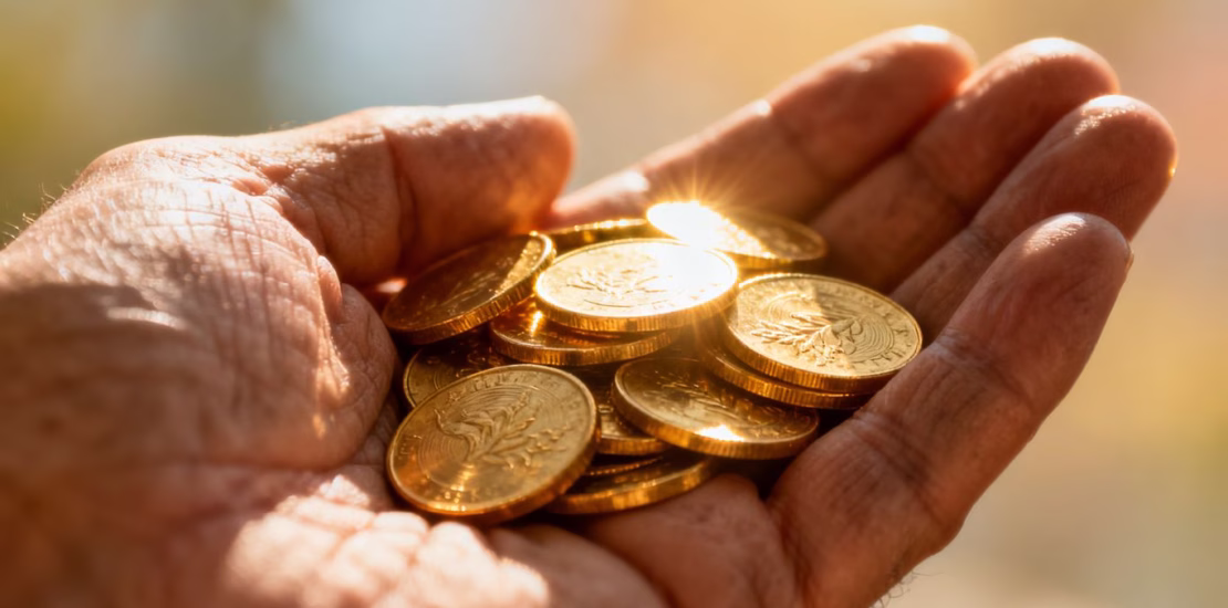 Main d'or tenant des pièces d'or.