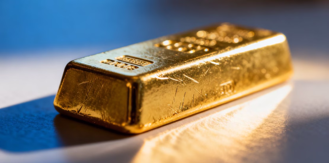 Lingot d'or brillant, gros plan, reflet de lumière.