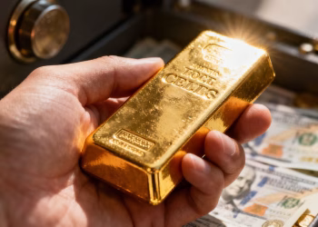 Main d'une personne tenant une barre d'or brillante.