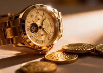 一块奢华的金表，旁边放着金币。