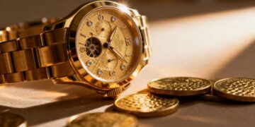 一块奢华的金表，旁边放着金币。
