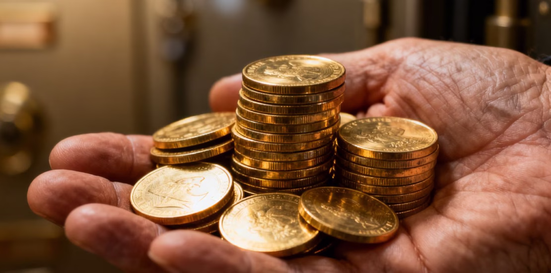 Main d'une personne tenant des pièces d'or.