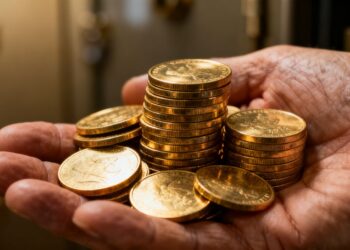 Main d'une personne tenant des pièces d'or.
