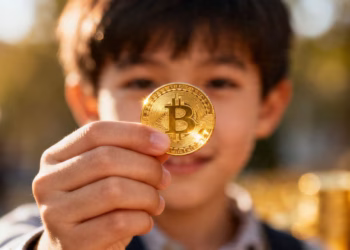 Jeune investisseur tenant une pièce d'or brillante.