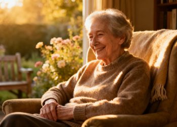 Personne âgée souriante dans un cadre de retraite paisible.