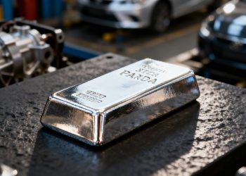 Lingot de palladium sur fond sombre, avec des pièces automobiles floues.
