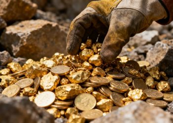 Nuggets d'or et pièces de monnaie dans une main gantée.