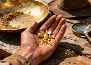 Main en tenant des pépites d'or de prospection