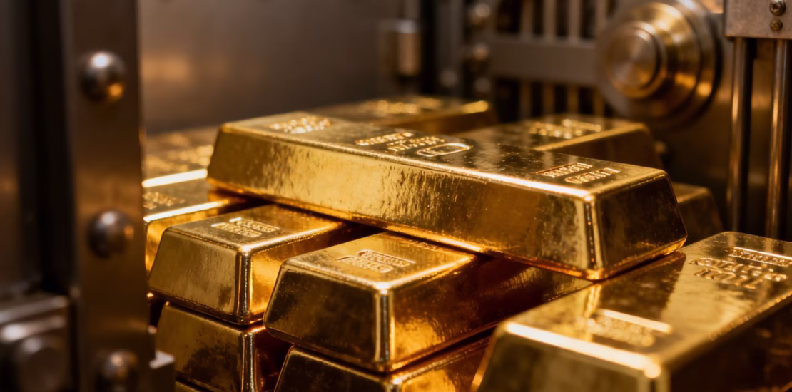 Lingots d'or brillants dans un coffre-fort.