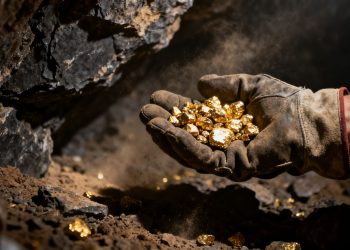 Main d'ouvrier tenant des pépites d'or dans une mine.