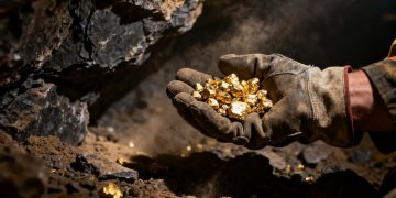 Main d'ouvrier tenant des pépites d'or dans une mine.