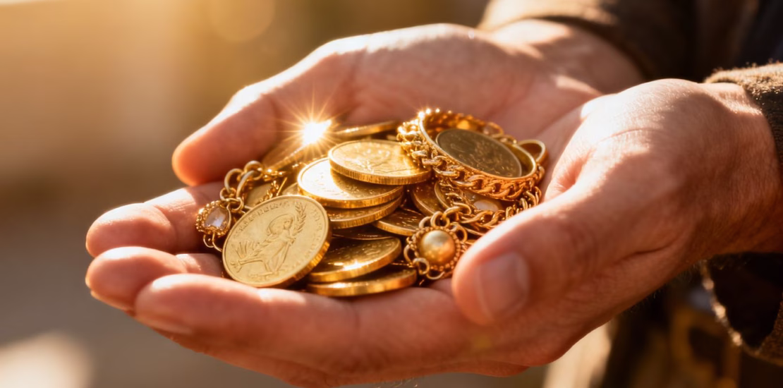 Main d'or tenant des pièces d'or et des bijoux brillants.