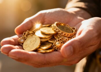 Main d'or tenant des pièces d'or et des bijoux brillants.