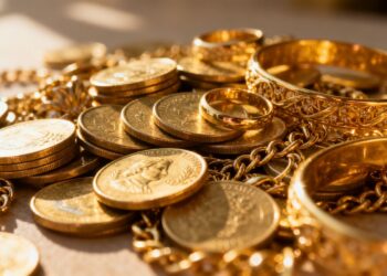 Gouden munten en glanzende gouden sieraden