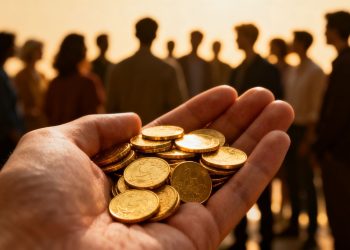 Main d'or tenant des pièces d'or avec une foule floue en arrière-plan.