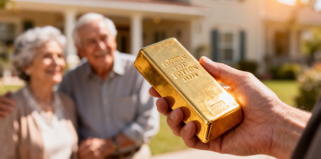 Main dorée tenant une barre d'or pour la retraite.