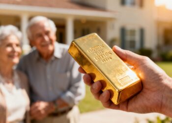 Main dorée tenant une barre d'or pour la retraite.