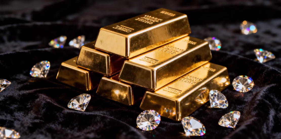 Lingots d'or et diamants brillants sur fond sombre.