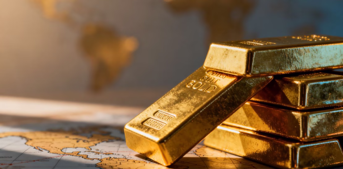 Lingots d'or empilés sous un éclairage dramatique.