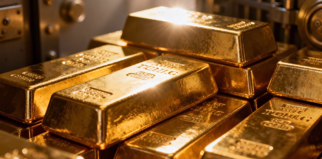 Lingots d'or brillants dans un coffre-fort.