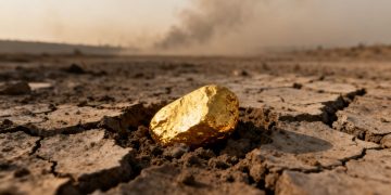 Terre craquelée avec une pépite d'or et un ciel pollué.