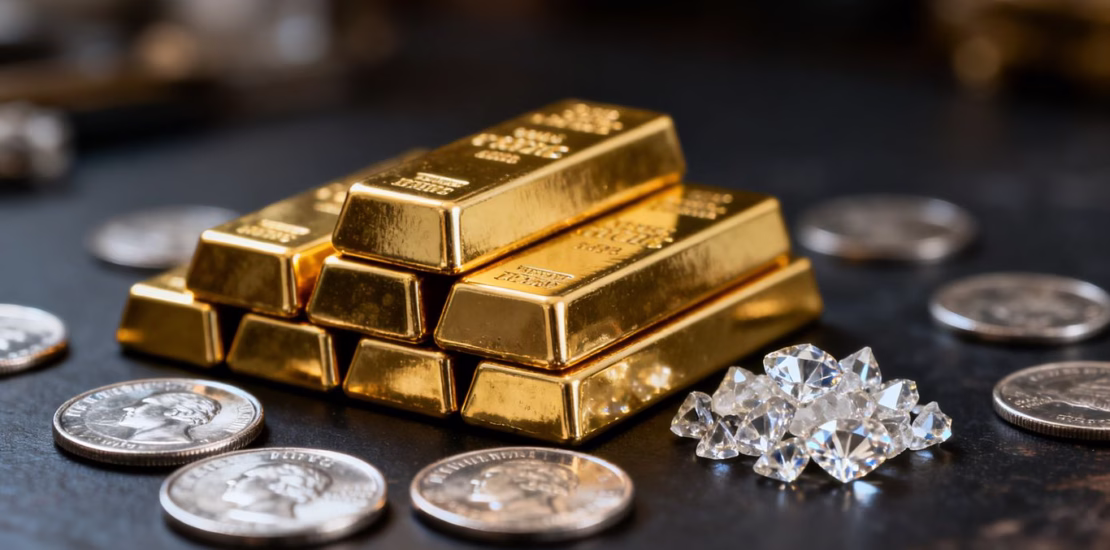 Lingots d'or, pièces d'argent et diamants bruts.