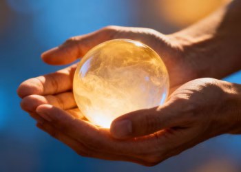 Manos protegiendo una frágil esfera de luz.