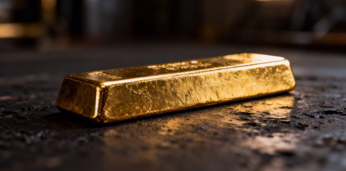 Lingot d'or sur fond sombre et texturé.