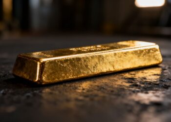 Lingot d'or sur fond sombre et texturé.