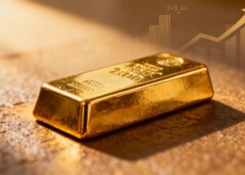 Lingot d'or sur fond économique flou.
