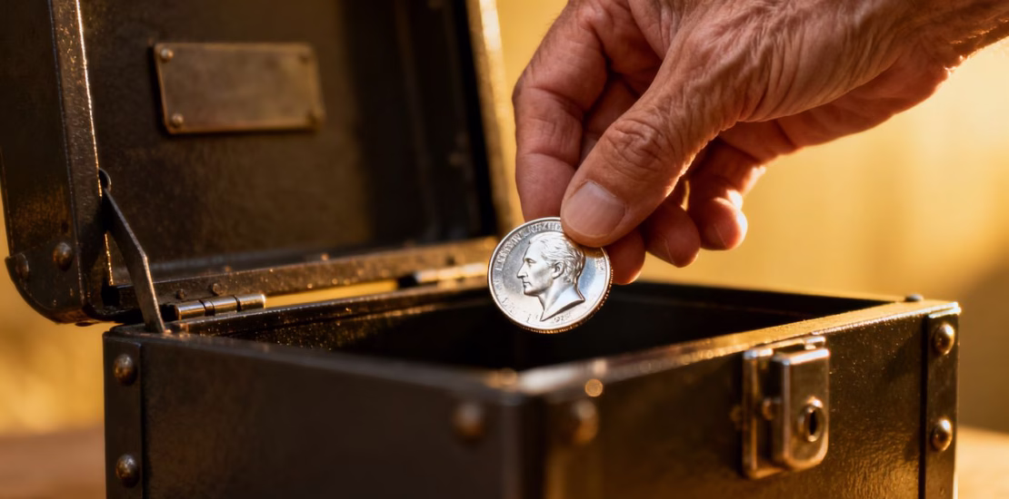Main d'homme plaçant une pièce d'argent dans un coffre-fort.