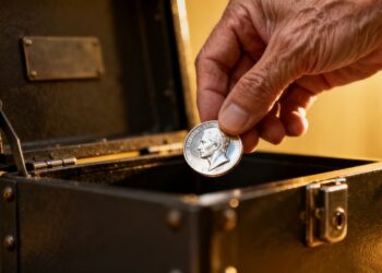 Main d'homme plaçant une pièce d'argent dans un coffre-fort.