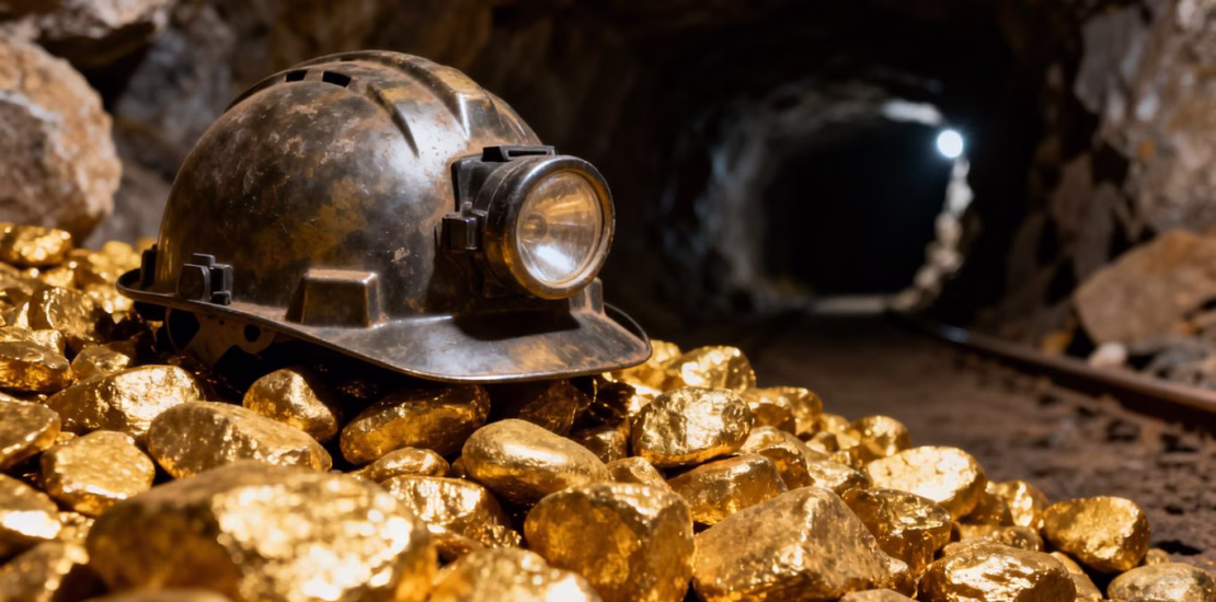 Casque de mineur sur des pépites d'or dans une mine.