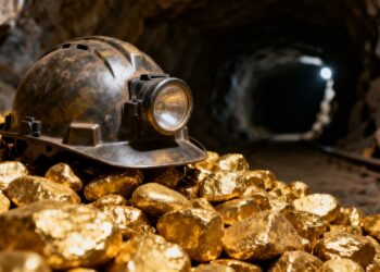 Casque de mineur sur des pépites d'or dans une mine.
