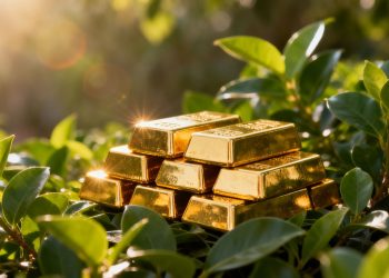 Lingots d’or posés sur des feuilles vertes luxuriantes