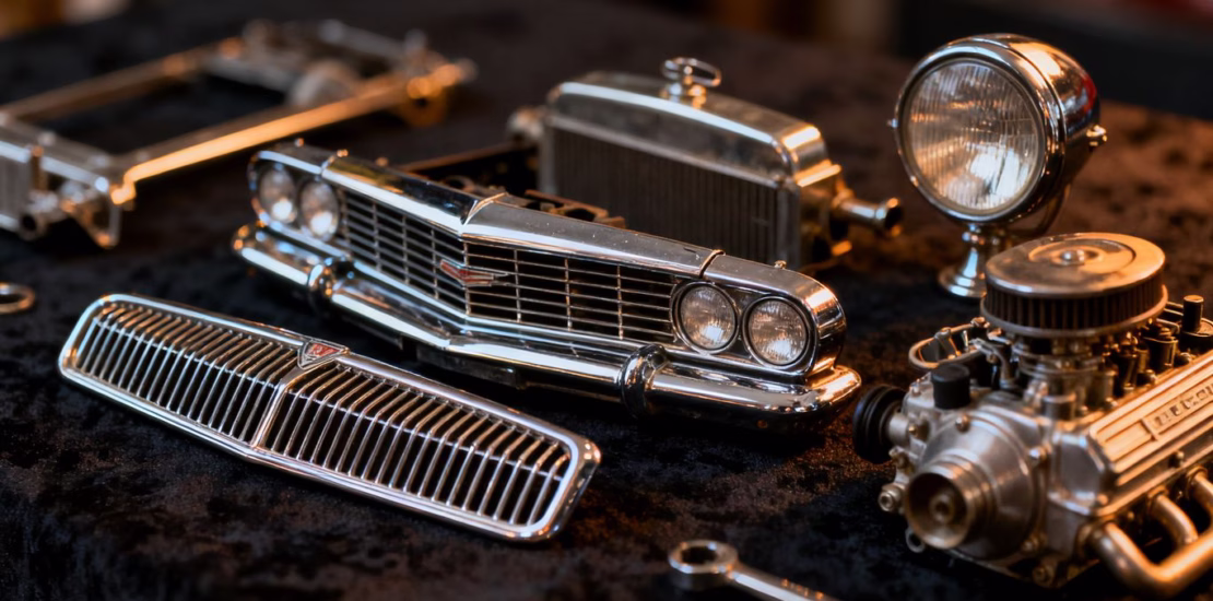 Pièces de collection automobile vintage, gros plan, détails métalliques.