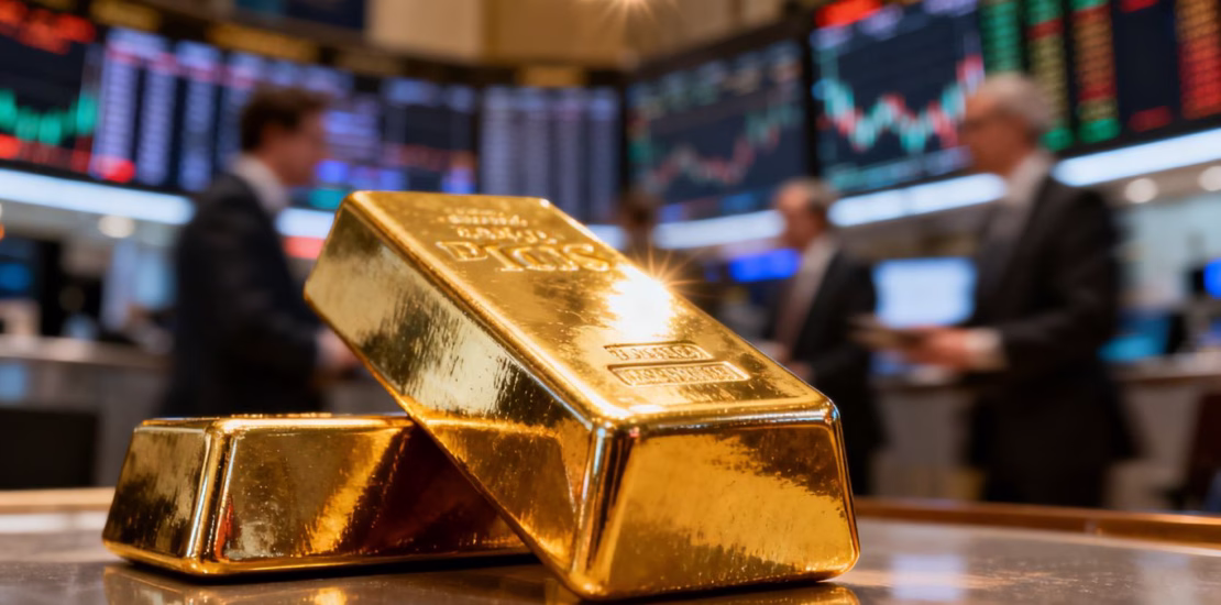 Barre d'or brillante avec arrière-plan flou de la bourse.