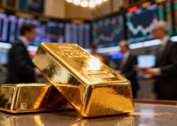 Barre d'or brillante avec arrière-plan flou de la bourse.
