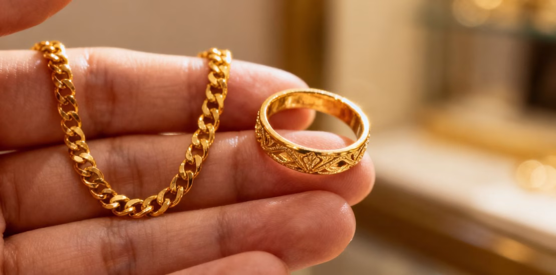 Mano de mujer sosteniendo joyas de oro