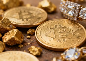 Pièces d'or et bijoux précieux, gros plan, lumière dorée.
