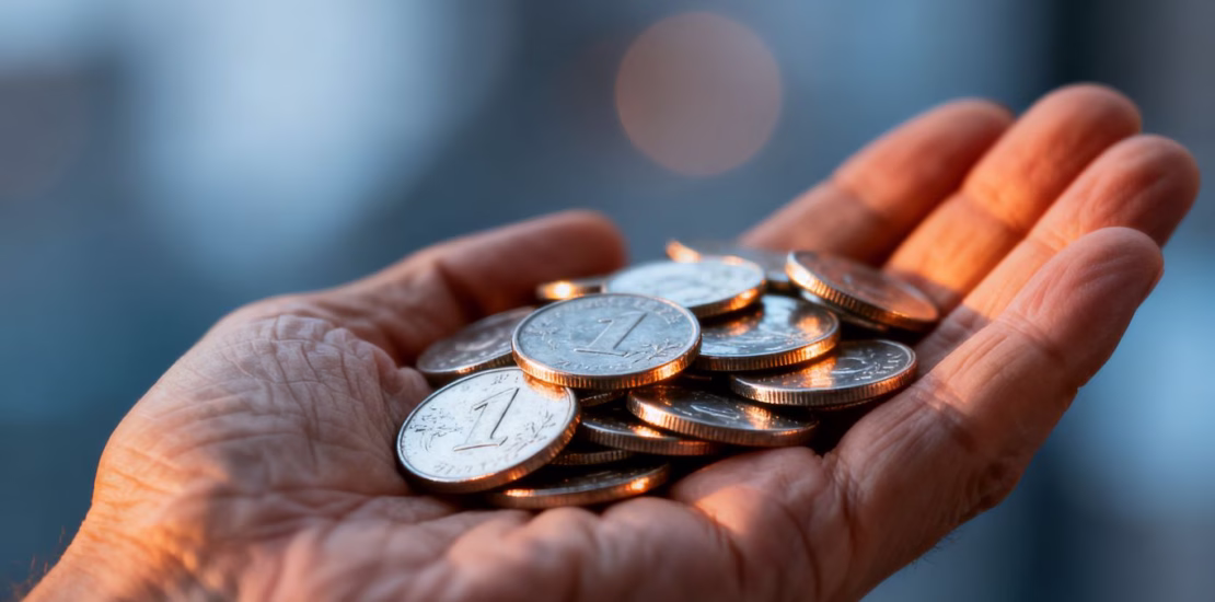 Main d'une personne tenant des pièces d'argent.