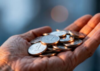Main d'une personne tenant des pièces d'argent.