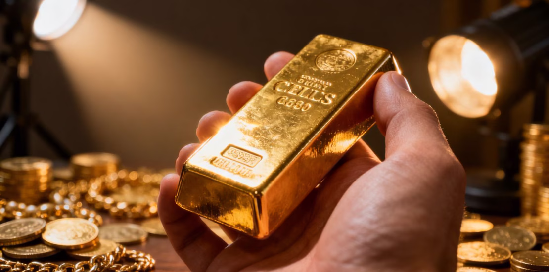 Main d'or tenant une barre d'or brillante.