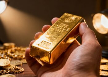 يد ذهبية تحمل قطعة من الذهب اللامع.