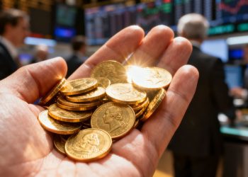 Main d'or tenant des pièces d'or devant un marché boursier.