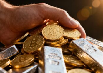 Een gouden hand die gouden munten en zilverstaven vasthoudt.