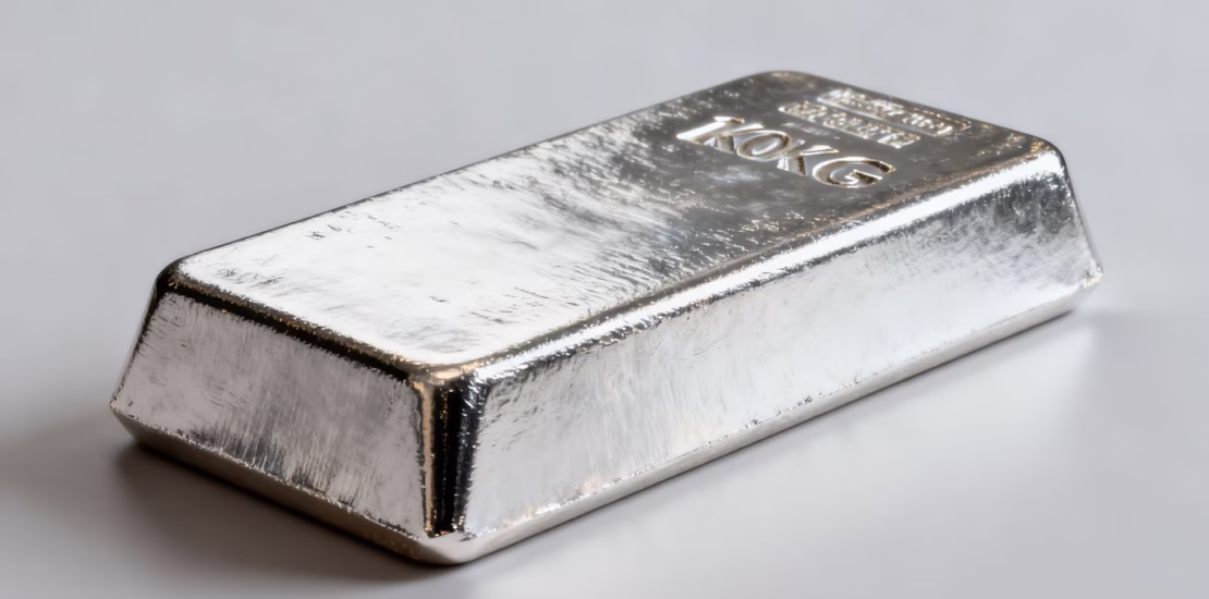 Lingot d'argent de 1kg brillant et métallique.
