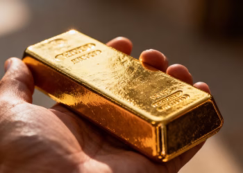 Main d'une personne tenant une barre d'or brillante.